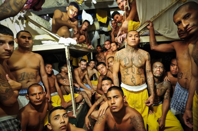Members of a gang known as the 18 crowd into cells at the Izalco jail in Sonsonate, El Salvador.