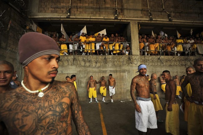 Members of a gang known as Mara 18 in the prison yard at the Izalco jail in Sonsonate, El Salvador.