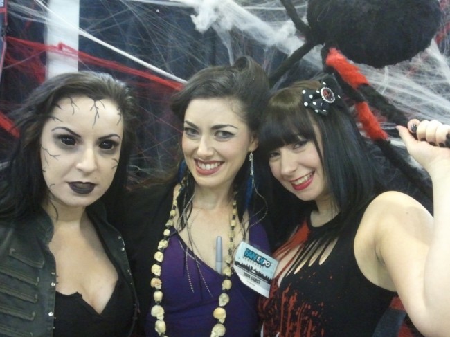 Soska Twins (L: Jen, as "Evil Willow", and R: Sylvia) and C: Tristan Risk