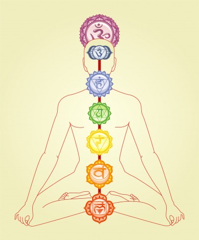 The seven chakras of the human body with Sanskrit characters representing them.
