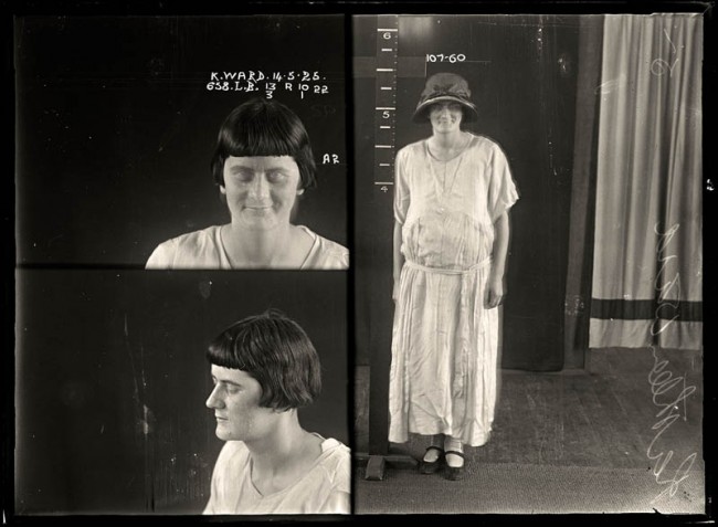 Kathleen Ward, 14 May 1925 Kathleen Ward had convictions for drunkenness, indecent language and theft. She obviously enjoyed thumbing her nose at the authorities, as can be seen in this image where she appears to have deliberately fluttered her eyes in order to ruin the long-exposure photograph. DOB: 1904.