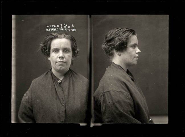 Ruby Furlong, 15 November 1920 Petty thief Ruby Furlong was involved in an altercation with a drunk musician at Newtown. She pulled out a razor and slashed his face, leaving an ugly scar. Furlong was a feared criminal who had a string of convictions in the early 1920s. Ruby, aged 34, was serving time for malicious wounding when this photograph was taken.