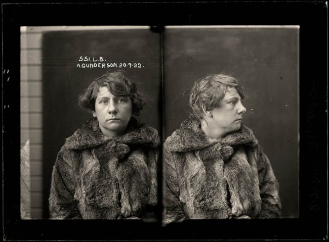 Annie Gunderson, 20 September 1922 Charged with stealing a fur coat. Teenager Annie Gunderson was charged with stealing a fur coat from a Sydney department store called Winn’s Limited, in 1922. Police records do not indicate whether the fur she is wearing is the stolen item. Aged 19.