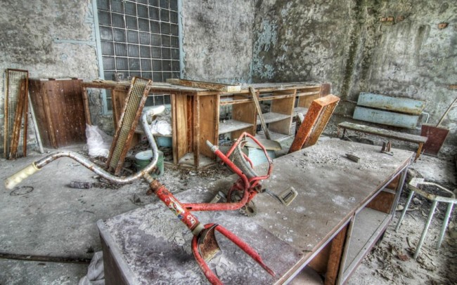 A bicycle frame inside the hallway of the abandoned Pripyat Hospital
