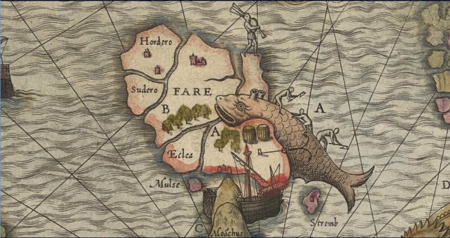 Fig. 68 Olaus Magnus 1572 hand colored National Library Sweden - whale flensing