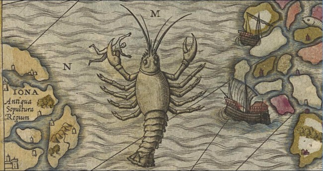 Fig. 73 Olaus Magnus 1572 hand colored National Library Sweden - octopus lobster dangers