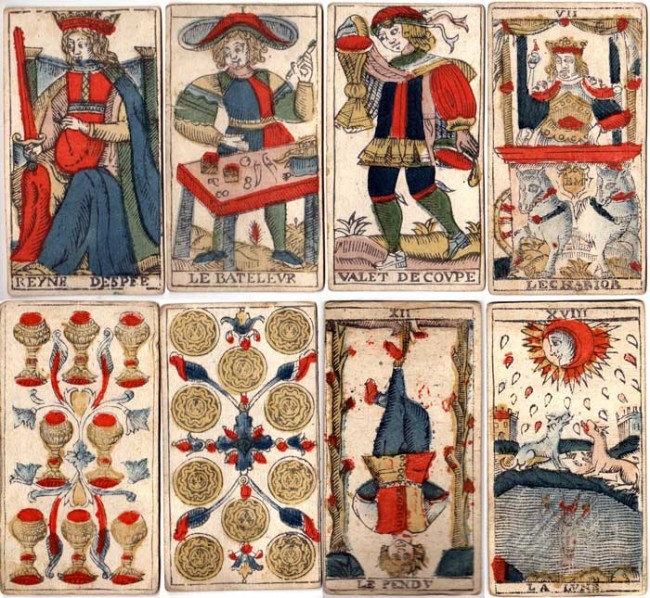 Tarot de Marseille by Jean-Baptiste Madenié, Dijon, early 18th century. The trump cards are named and numbered to designate their value during play. Images courtesy Frederic C. Detwiller.
