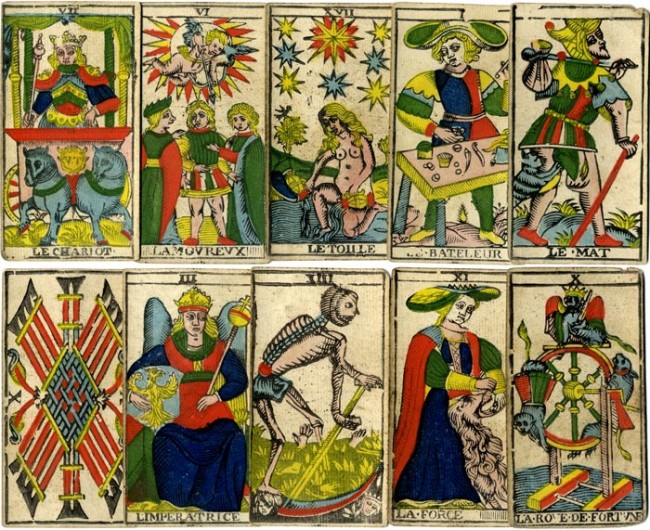 Tarot de Marseille by N. Conver, 1760 but probably a Camoin (Marseilles) edition of c.1870 from the original woodblocks. Stencil colouring.