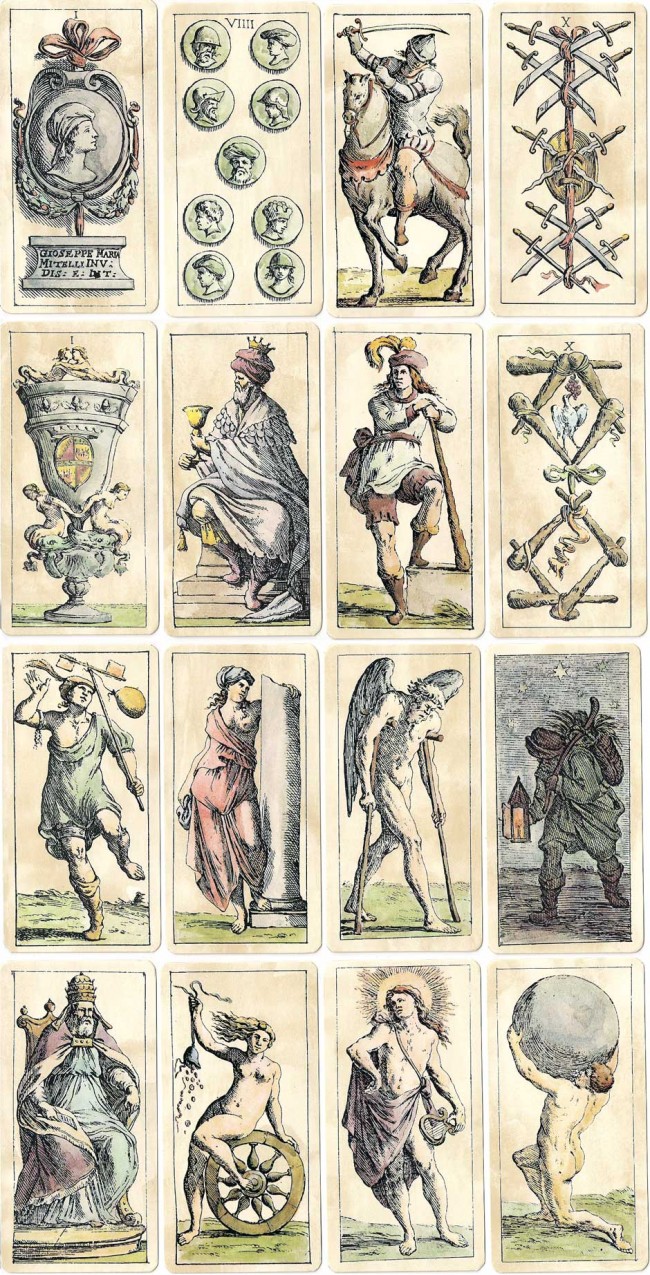 Tarocchini di Bologna by Guiseppe Maria Mitelli, hand-coloured etchings, 1664. Facsimile edition by Graffica Gutenberg, 1978. Cards from the collection of Rod Starling.