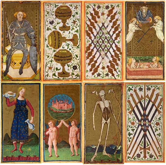 8 cards from the replica pack "I Tarocchi dei Visconti" published by Dal Negro, Treviso, Italy. This is the most complete 15th Century Tarot deck. The original deck has 74 of the assumed original 78 cards, the missing cards are The Devil, The Tower, Three of Swords and Knight of Coins. These missing cards have been reconstructed in this edition.