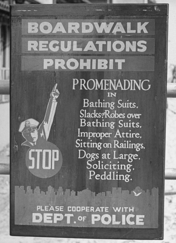 1941 Sign posted by police department stating regulations for beachgoers. Image: Alfred Eisenstaedt/Pix Inc./The LIFE Picture Collection/Getty Images