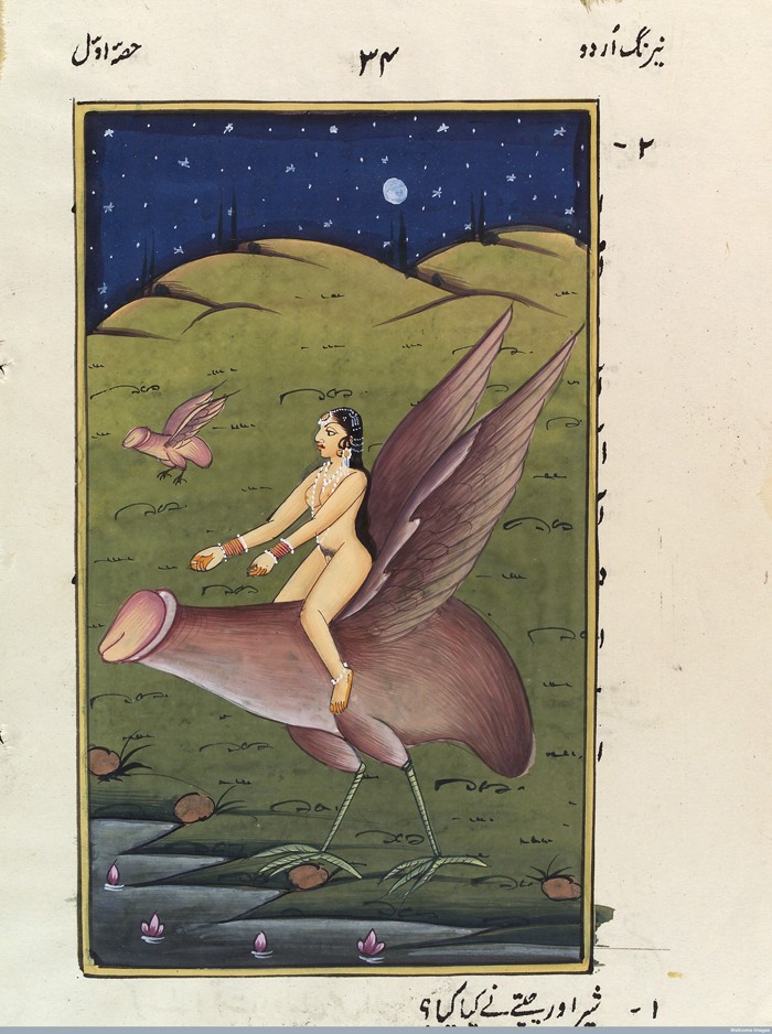 L0033078 A woman riding on an enormous winged penis. Gouache Credit: Wellcome Library, London. Wellcome Images images@wellcome.ac.uk http://wellcomeimages.org A woman riding on an enormous penis. Gouache 19th centruy Published: [18--?] Copyrighted work available under Creative Commons Attribution only licence CC BY 4.0 http://creativecommons.org/licenses/by/4.0/