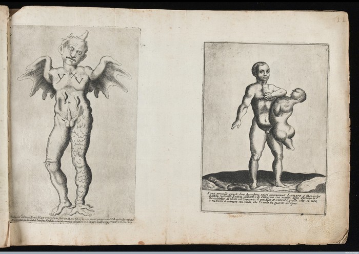 L0041575 Monster and Siamese twins Credit: Wellcome Library, London. Wellcome Images images@wellcome.ac.uk http://wellcomeimages.org (Left) A monstorous figure, with a scaly leg, wings instead of arms, and a horn on his head. (Right) Siamese twins. One of the twins is not fully developed and is fully supported by the other. 1585 By: Giovanni Battista CavalieriMonsters; biblical, historical, and moral subjects; landscapes; allegories. Album of engravings, ca. 1585-1612 Published: 1585. Copyrighted work available under Creative Commons Attribution only licence CC BY 4.0 http://creativecommons.org/licenses/by/4.0/