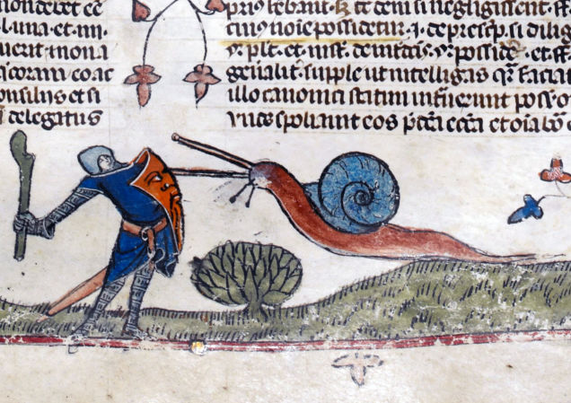 Snail-vs.-Knight-from-The-Smithsfield-Decretals-decretals-of-Gregory-IX-Tolouse-c.-1300.-Illuminations-were-added-about-forty-years-later-in-London.