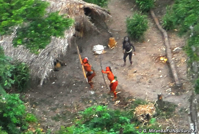 Uncontacted Indians in Brazil in May, 2008 defending themselves from the camera, image acquired at http://www.uncontactedtribes.org
