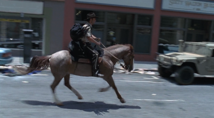 Grimes on horseback during the series premier of The Walking Dead, screenshot by the author