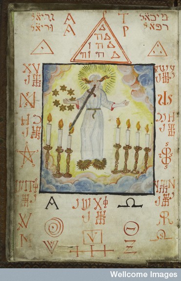 L0036626 The Archangel Metraton, from Cyprianus, 18th C Credit: Wellcome Library, London. Wellcome Images images@wellcome.ac.uk http://images.wellcome.ac.uk Ink and watercolour image of the Archangel Metratron with seven lighted candles and seven gold stars, surrounded by alchemical/magical symbols in red ink. From Cyprianus, 18th century. Cyprianus is also known as the Black Book, and is the textbook of the Black School at Wittenburg, the book from which a witch or sorceror gets his spells. The Black School at Wittenburg was purportedly a place in Germany where one went to learn the black arts. Pen and watercolour Late 18th century By: M L CyprianusCyprianus, M. L. Clavis Inferni sive magia alba et nigra approbata Metratona. Published: - Copyrighted work available under Creative Commons by-nc 2.0 UK, see http://images.wellcome.ac.uk/indexplus/page/Prices.html
