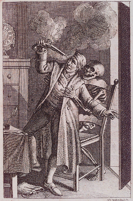 F.R. Schellenberg. Freund heins Erscheinungen. Winterthur : Heinrich Steiner und Comp., 1785. Page 0.16. An unusual depiction of suicide, with death catching the man as he fires a pistol at his temple. 