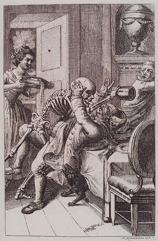 F.R. Schellenberg. Freund heins Erscheinungen. Winterthur : Heinrich Steiner und Comp., 1785. Page 0.94. A scene inspired by one of the seven deadly sins, gluttony: death forces drink down a man’s throat.