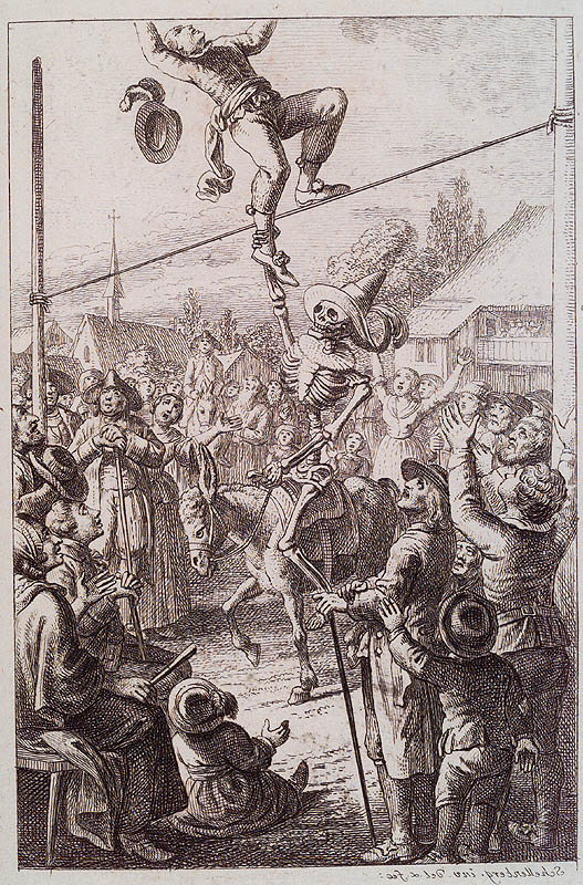 F.R. Schellenberg. Freund heins Erscheinungen. Winterthur : Heinrich Steiner und Comp., 1785. Page 0.1. This scene in which death pulls an acrobat from a tightrope, while a shocked crowd looks on, displays features of the carnavalesque spirit. 