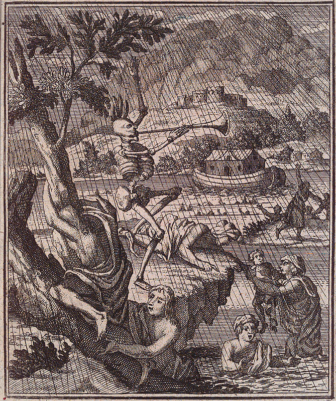 Sal. van Rusting. Todten-Tanz. Neurnberg : Peter Conrad Monath, 1736. Page 0.28, Plate 2. A biblical setting: as death sounds the trumpet, torrential rains fall about Noah’s ark; people climb vainly to higher ground.