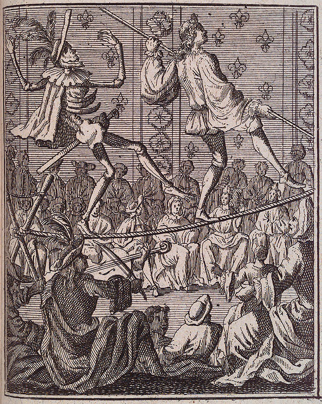 Sal. van Rusting. Todten-Tanz. Neurnberg : Peter Conrad Monath, 1736. Page 0.352, Plate 28. Death follows behind the tightrope walker, mimicking him with a group observing. Again, a carnavalesque danse macabre image.