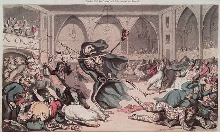Thomas Rowlandson. The English Dance of Death. London : R. Ackermann, 1815. Page 0.119. Handcolored; London. Pub. Nov.1-1814, at R. Ackermann’s, 101 Strand. death dancing with mask of horned devil in hand; guests fallen to floor in horror