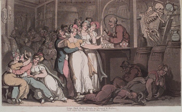 Thomas Rowlandson. The English Dance of Death. London : R. Ackermann, 1815. Page 0.1253. Handcolored. Death adds vitriol and aqua forte to drink barrell. A powerful image only matched in literature some 60 years later with Zola’s L’assommoir. 