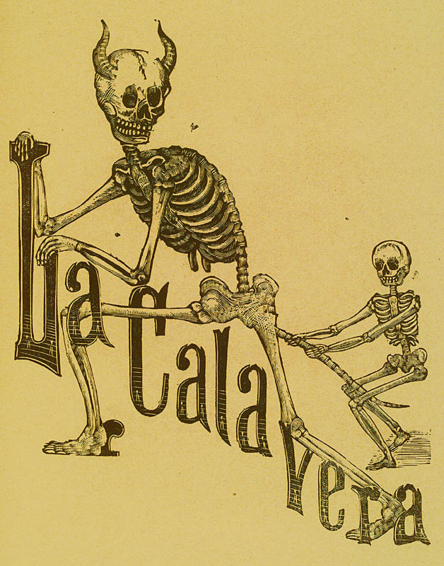Jose Guadalupe Posada. Monografia; las Obras de Jose Guadalupe Posada. n.c. : n.p., 1930. Page 155. Horned skeleton striding, looking back at smaller skeleton pulling it’s tail