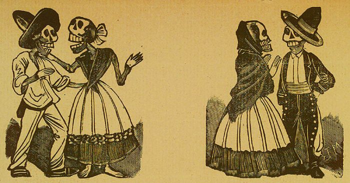 Jose Guadalupe Posada. Monografia; las Obras de Jose Guadalupe Posada. n.c. : n.p., 1930. Page 178. Skeleton couple wearing traditional Mexican dress
