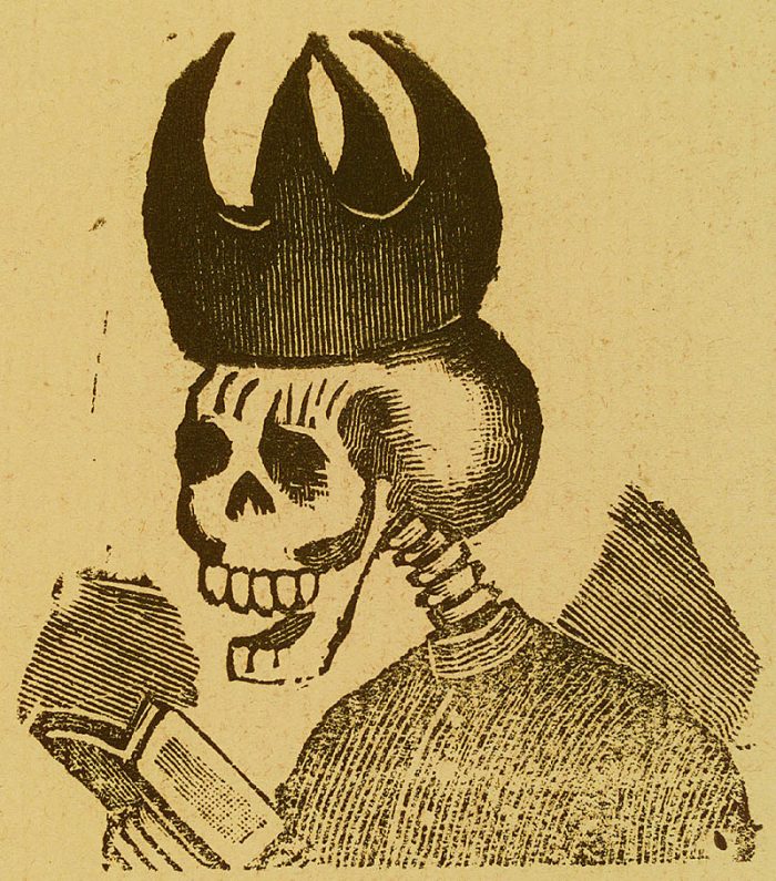 Jose Guadalupe Posada. Monografia; las Obras de Jose Guadalupe Posada. n.c. : n.p., 1930. Page 179. Skeleton portrait of Ecclesiastical figure