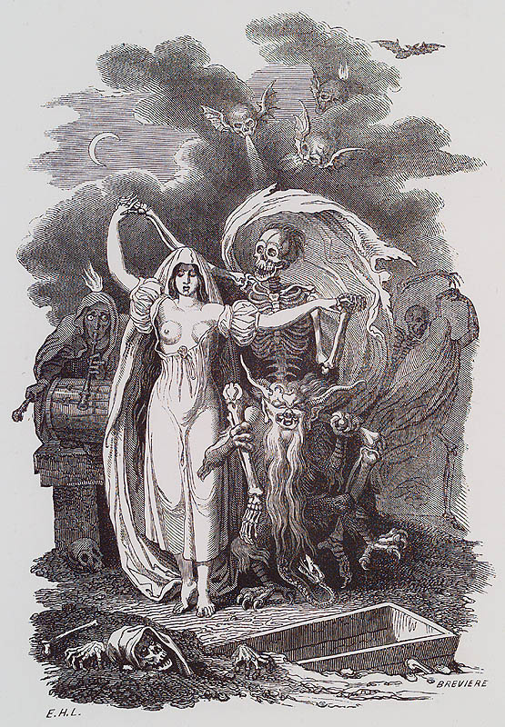E.-H. Langlois. Essai Historique, Philosophique et Pittoresque sur les Danses des Morts. n.c. : n.p., 1852, Plate Frontispiece. E.H.L.. The frontispiece of this pioneering study of the danse macabre theme shows death attended by demons, leading a placid woman into grave. The pose of both reminds one in fact of the chevalier at the ball, with his waltzing partner. 