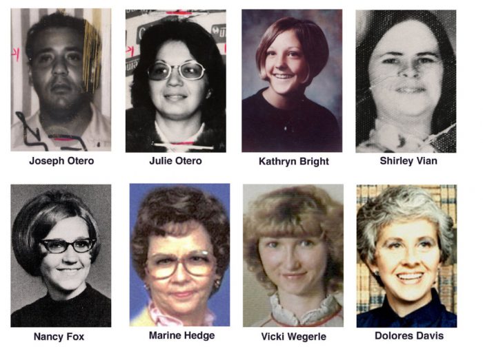 UNDATED FILE PHOTOS NO SALES. @*@* FILE @*@* Eight of the 10 people whose deaths have been linked by authorities to the BTK serial killer are shown in undated file photos. In the top row are, from left, Joseph Otero and his wife, Julie Otero; Kathryn Bright; and Shirley Vian. In the bottom row are, from left, Nancy Fox,_Marine Hedge, Vicki Wegerle and Dolores Davis. Rader pleaded guilty Monday to 10 counts of first-degree murder, admitting in a chillingly matter-of-fact voice to a series of slayings that terrorized the city beginning in the 1970s. (AP Photo/The Wichita Eagle, file)