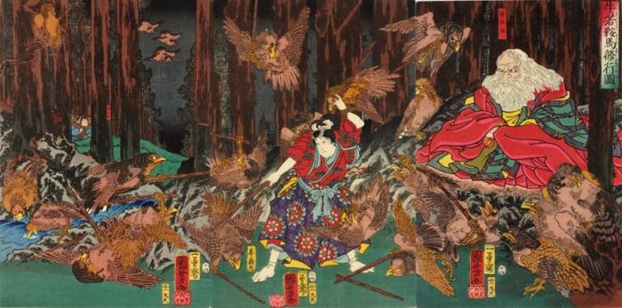 Title: Ushiwaka Kurama shugyô zu Description: Ushiwaka Maru practicing fencing among the pine trees of Kuramayama with the tengu under the supervision of their king, Sôjô-bô. The tengu here are completely birdlike