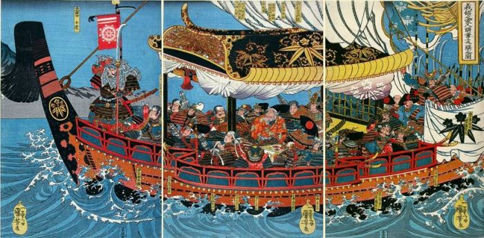 Title: Yoshitsune no jûku-shin Description: Yoshitsune and his nineteen chief retainers in a ship