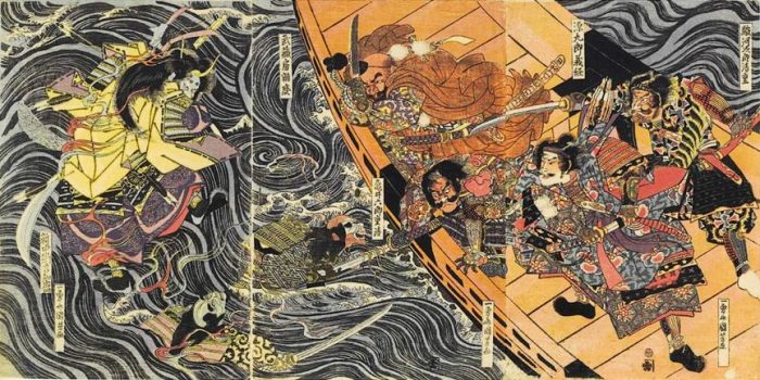 Title: Untitled Description: The ghosts of Tomomori and the other Taira warriors slain at Dan-no-ura attacking Yoshitsune and Benkei in their ship