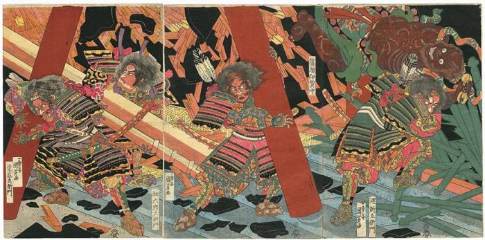 Title: Untitled Description: Kuriu Saemon, Hata Rokurozaemon, Shinozuka Iga no Kami, and Watari Shinzaemon, retainers of Nitta Yoshisada, breaking up a haunted temple