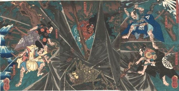 Title: Minamoto no Yorimitsu no Shitennô tsuchigumo taiji no zu Description: Raikô’s retainers about to kill the Earth-Spider in the midst of its web