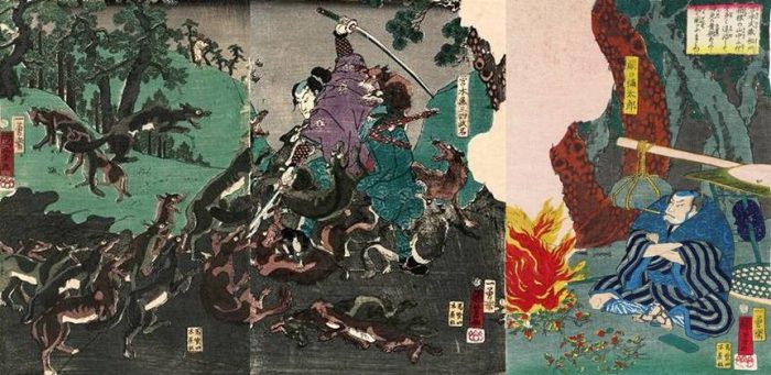 Title: Miyamoto Musashi Sôshû Hakone no sanchû ni ôkami o ooku taiji shite shinmen o kijutsu o arawashite hajimete Sekiguchi ni mamiyu Description: Miyamoto Musashi fighting off a pack of wolves in the Hakone mountains, watched by Sekiguchi Yatarô, seated smoking by a fire (right sheet)