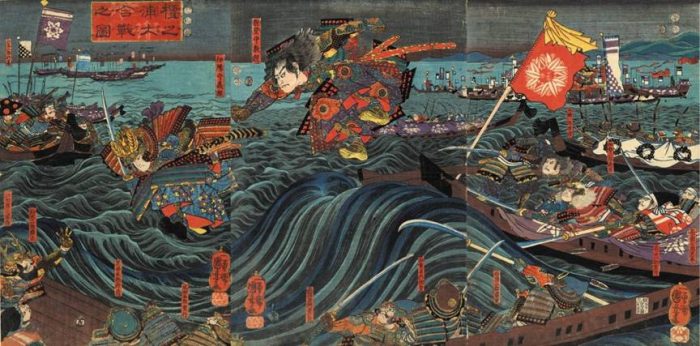 Title: Picture of the Battle of Dan-no-ura (Dan-no-ura ô-kassen no zu, 壇ノ浦大合戦之圖) Description: Yoshitsune’s leap at the Battle of Dan-no-ura with Noritsune leaping after him 