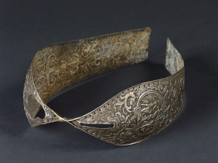 UNITED KINGDOM - SEPTEMBER 20:  Metal chastity belt, 15th to 16th century. Metal chastity belt, consisting of two panels hinged together, richly decorated, 15th-16th century. Grey background. Top 3/4 view.  (Photo by Science & Society Picture Library/SSPL/Getty Images)