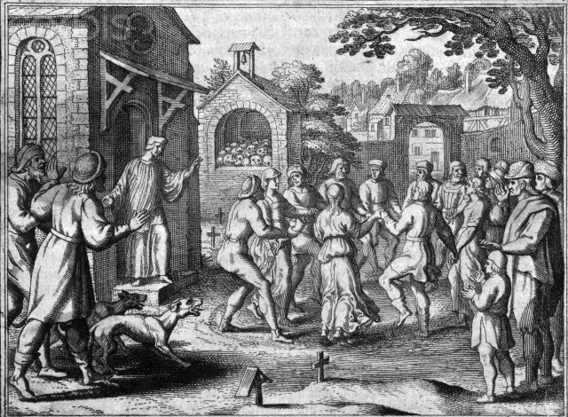 Original caption: Dancing mania sweeps through Europe during medieval plague. Penitents pray for mitigation of plague. Undated illustration. --- Image by © Corbis