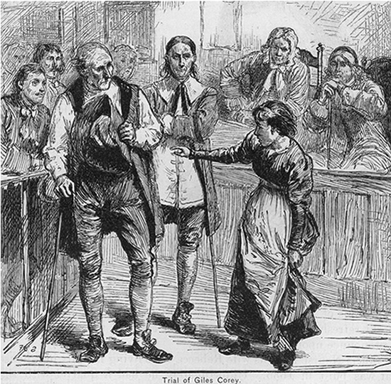 Ann Putnam testifying against Giles Corey in court during the Salem Witch Trails, 1692. 