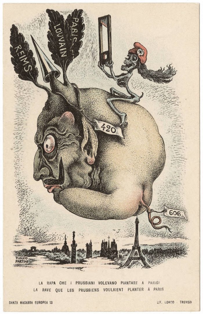  German Kaiser Wilhelm II is portrayed as a turnip head in this card that explains " The turnip that the Prussians wanted to plant in Paris ". Martini's caricature both highlights the crimes of the Germans as well promising retribution to the Kaiser. On the turnip's leaves are the names of the cities Luvain , Reims and Paris. The Germans gratuitously shelled and then put to the torch Luvain and Reims. There was little compelling military reason in Reims, and not in Luvain. Luvain had, in fact, been abandoned by the Belgian army. The destruction of these cities, considered gems of European medieval art and architecture proved to the Allies and the world, that the German claim to be "cultured" was false. No. 13 The names of Luvain and Reims came to be synonomous in Allied anti-German propaganda with "barbarism" and lack of civilization. The promise of retribution, by France, is symbolized by the smiling skeletal "Death" who wears the French revolutionary cap and holds up a guillotine.