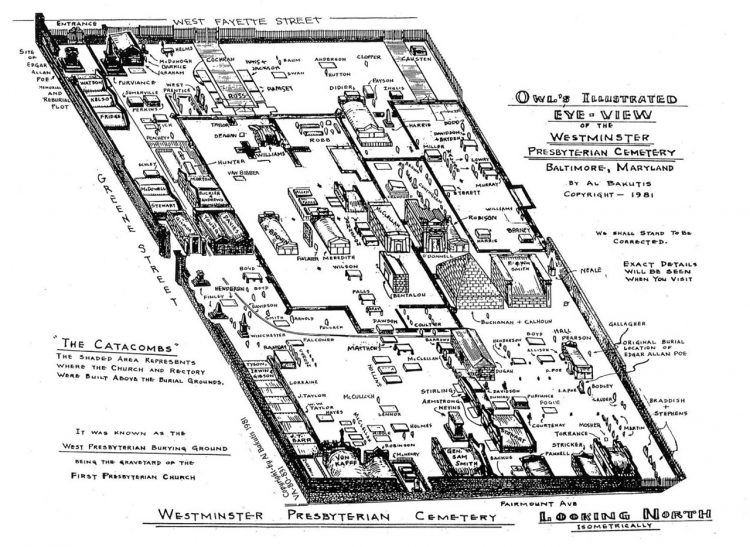 A map of Westminster Burial Ground. The footprint of the church catacombs is outlined in black.