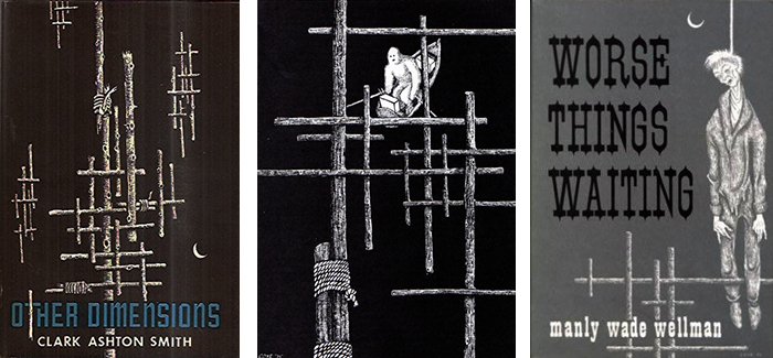 Three illustrations showing Coye's lattice motif: (Left) cover of "Other Dimensions" by Clark Ashton Smith; (Center) an illustration for William Hope Hodgson's "The Voice In the Night"; (Right) the cover of Manly Wade Wellman's "Worse Things Waiting".
